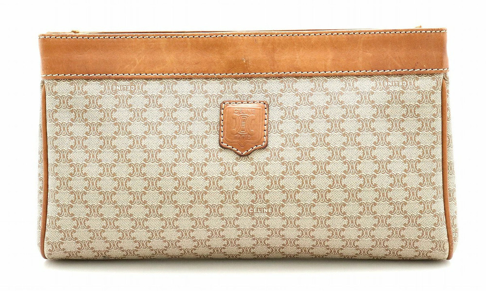 Celine Macadam Pouch Clutch Shoulder Bag Leather Beige Cream Brown